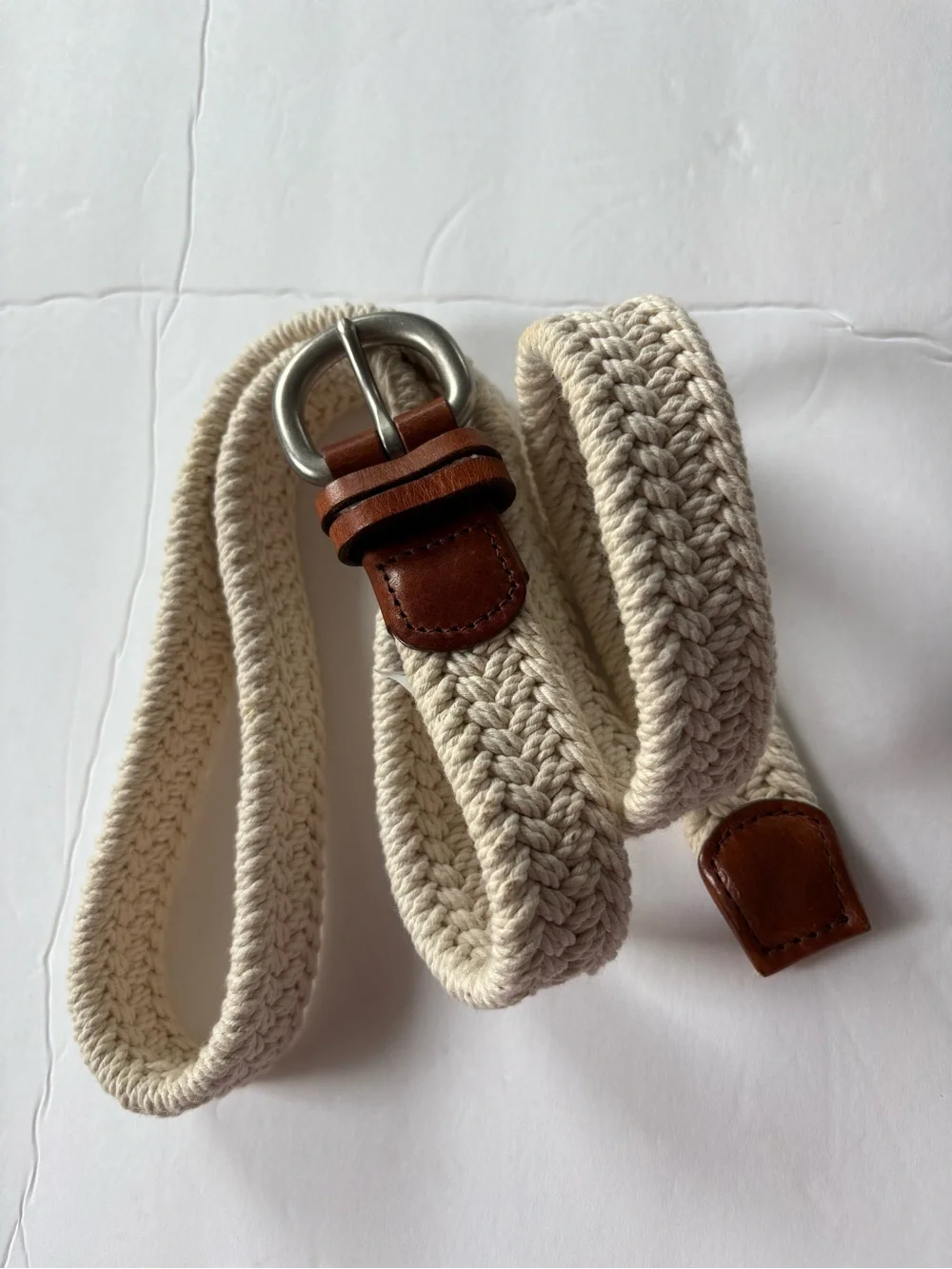 J. Crew Cotton Braided Belt with Brown Leather Trim 46in 1in wide M/L A5854